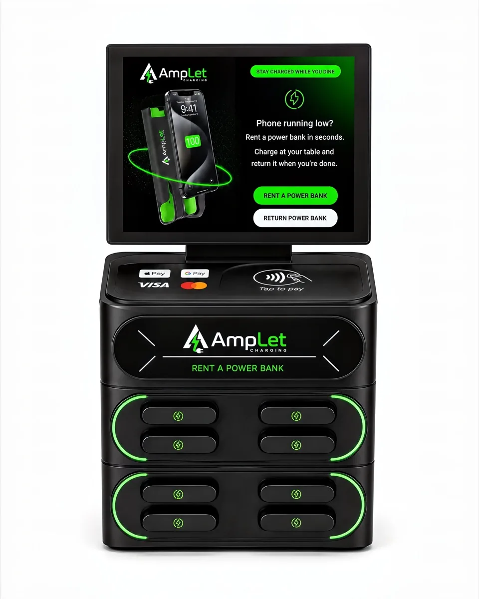 The AmpLet charging station: a compact countertop dock with eight power-bank slots, a tap-to-pay deck and a screen