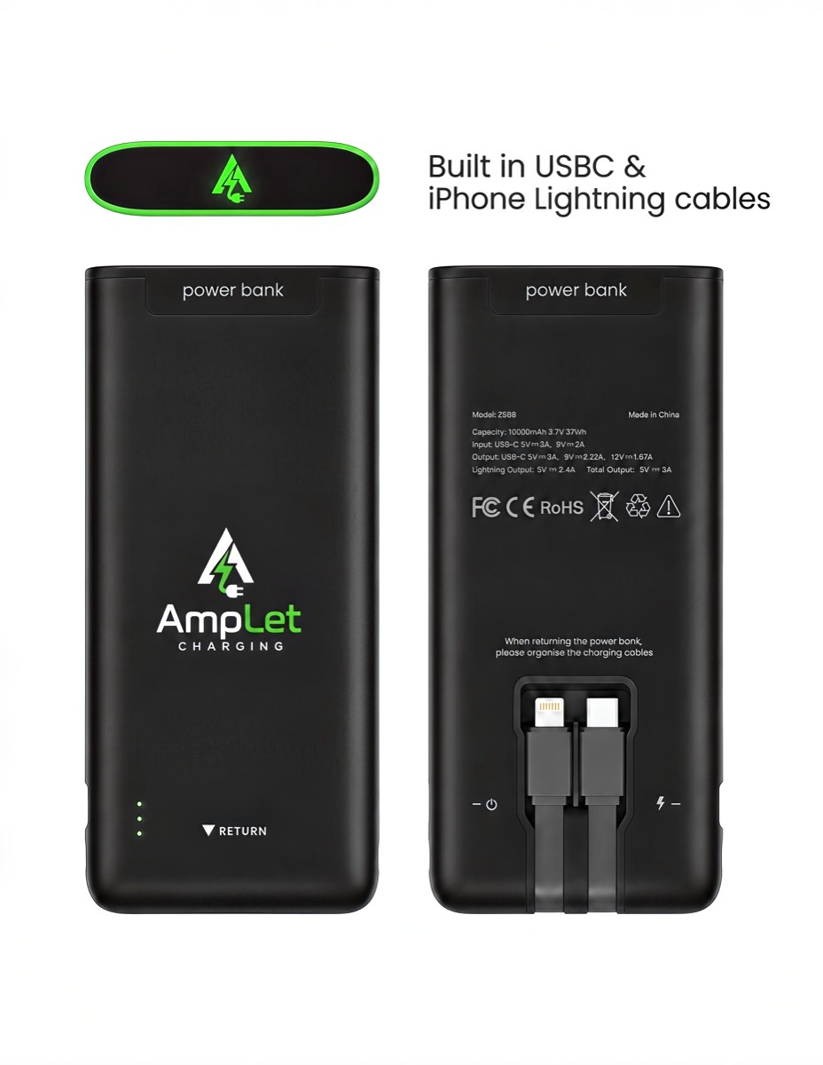 AmpLet rental power banks in black with built-in iPhone Lightning and USB-C cables