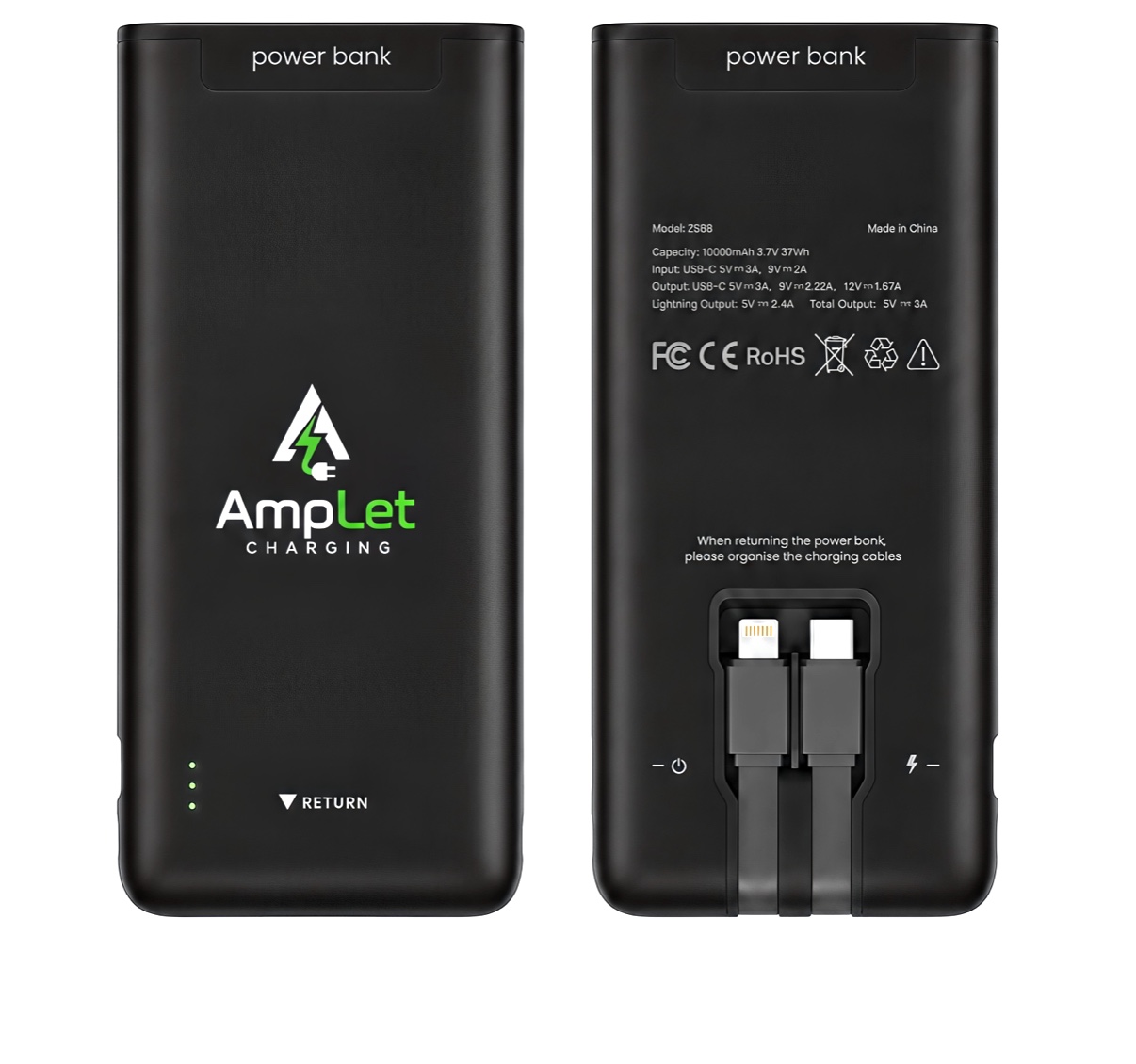 The AmpLet rental power bank in black, front and back: 10,000mAh with built-in iPhone Lightning and USB-C cables