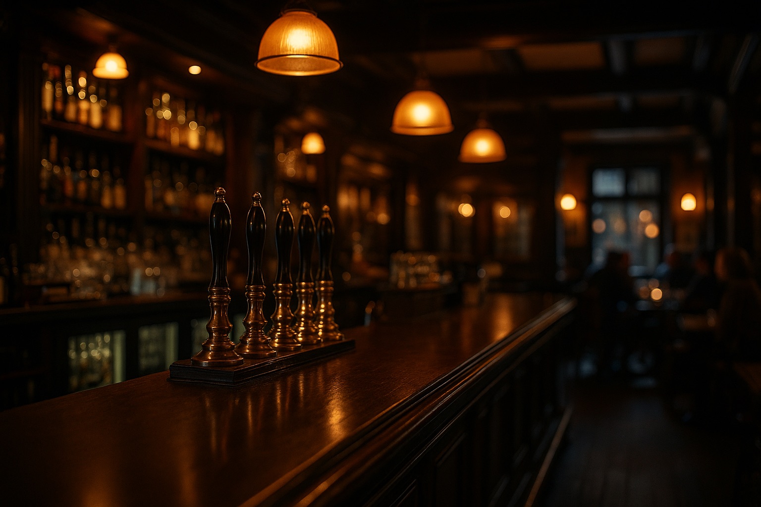 A warm UK pub bar in the evening
