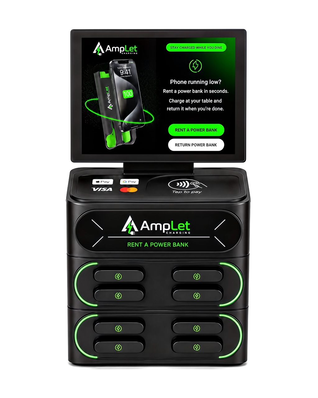 The AmpLet charging station: a compact countertop dock with eight power-bank slots, tap-to-pay contactless payment and a display screen